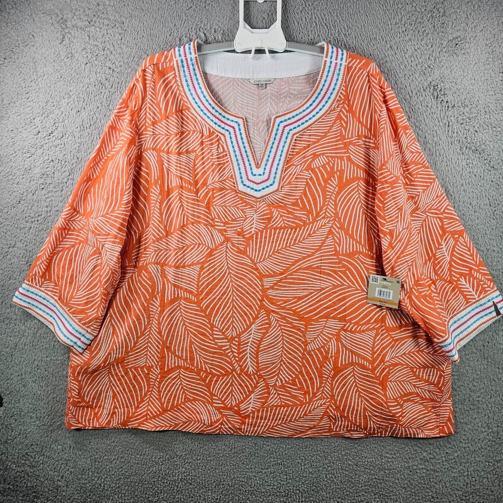 NEW John Mark Embroidered Top Blouse Women 3X Leaf Print White Orange